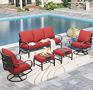 Sophia & William Patio Furniture Sets for 5 Outdoor Metal Conversation Sets 5 Pcs with 2 x Cushioned Swivel Sofa Chairs, 2 x Ottomans as Coffee Table, 1 x 3-Seat Sofa, Lawn Backyard Poolside Red