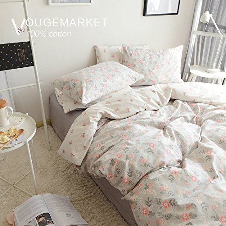 Vougemarket Soft Cotton with Lovely Printing Pattern,3 Pieces Luxury Duvet Cover Set with zipper closure-Full/Queen,Bloom