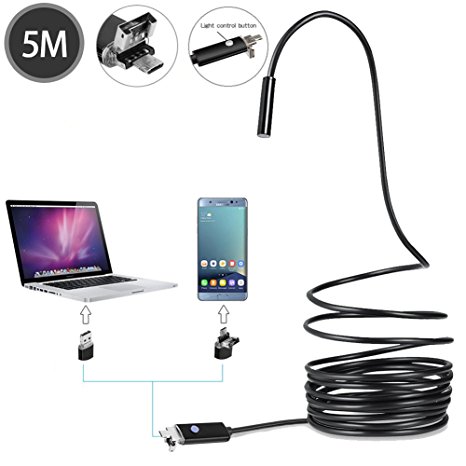 USB Endoscope 2 in 1 Semi-rigid Borescope Inspection Camera 5M 720P 2.0MP HD IP67 Waterproof Snake Camera with 6 LED Adjustable for Android PC 16.4FT (5M-Style 2)