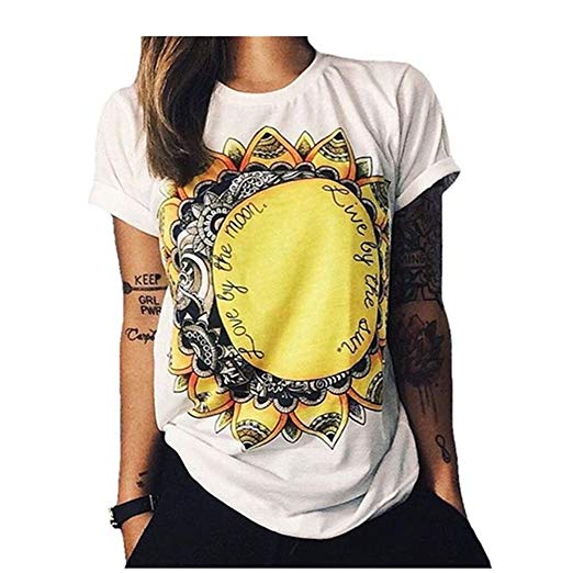 Dreamstar Women's Sunflower Print Summer Short Sleeve Soft Comfortable T Shirt Tops