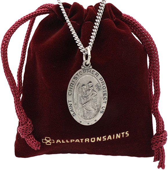 St Christopher Medal Necklace – Solid Sterling Silver Oval Medallion and Chain – Personalized Engraving – Gift Box