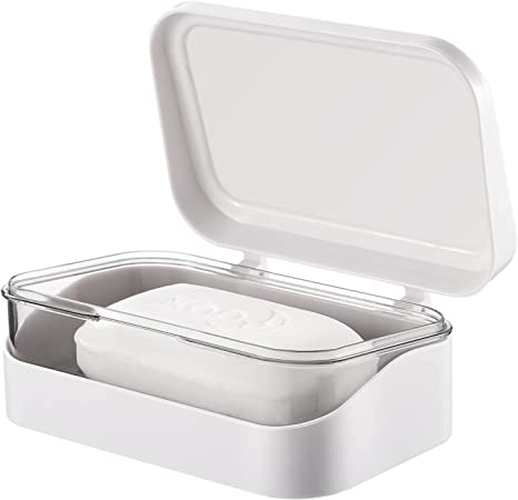 DOITOOL 1Pcs Soap Box with Removable Drainer and Lid, Portable Plastic Soap Case Holder, 2 Layers Rectangular Soap Dish Container for Bathroom, Shower, Home, Gym, Outdoor Hiking Camping, Travel ( White )