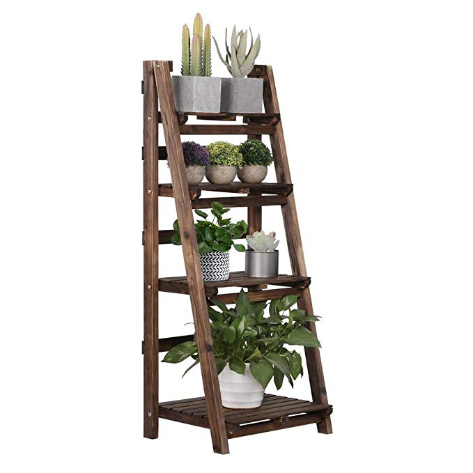 Yaheetech 4-Tier Foldable Plant Flower Stand Shelf Rack Vintage Wood Ladder Shelf Book Magazine Holder Storage