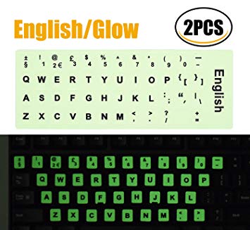 2PCS PACK Universal English Keyboard Stickers Glow in the Dark, Keyboard Letters Stickers for Computer Laptop Notebook Desktop (English-Glow)