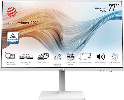 MSI Modern MD272PW, 27" Monitor, 1920 x 1080 (FHD), IPS, 75Hz, TUV Certified Eyesight Protection, 5ms, HDMI, Displayport, USB C, Tilt, Swivel, Height Adjustable, Pivot,White