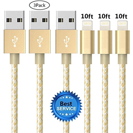 iPhone Cable SGIN, 3Pack 10FT Nylon Braided Cord Lightning Cable Certified to USB Charging Charger for iPhone 7,7 Plus,6S,6s Plus,6,6plus,SE,5S,5,iPad,iPod Nano 7 Gold