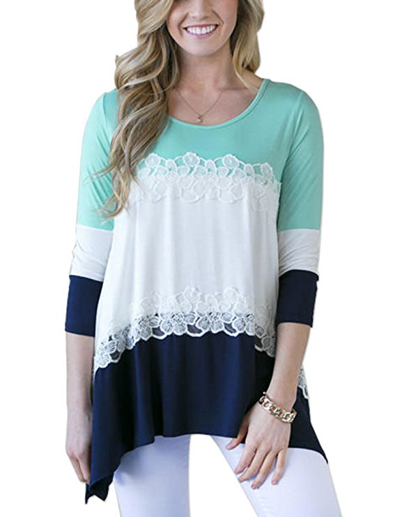 LXS STORE Women Color Block Lace Patchwork Irregular Hem 3/4 Sleeve Blouse Tee T-shirt Tops