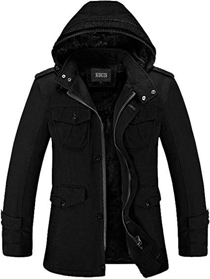 Nidicus Mens Classic Zipper up Pea Coat with Removable Hood & Fleece Lining