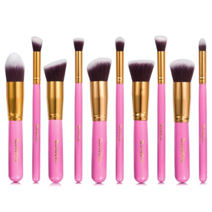Makeup Brushes: iLoveCos Professional Cosmetic Brush Set for Liquid or Powder Foundation(10 Pieces Gloden Pink with Velvet Carry Bag)