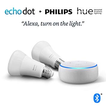 Echo Dot (3rd Gen) – Sandstone with Philips Hue White & Color 2-pack A19 Smart Bulbs, Bluetooth & Zigbee compatible (No Hub Required)