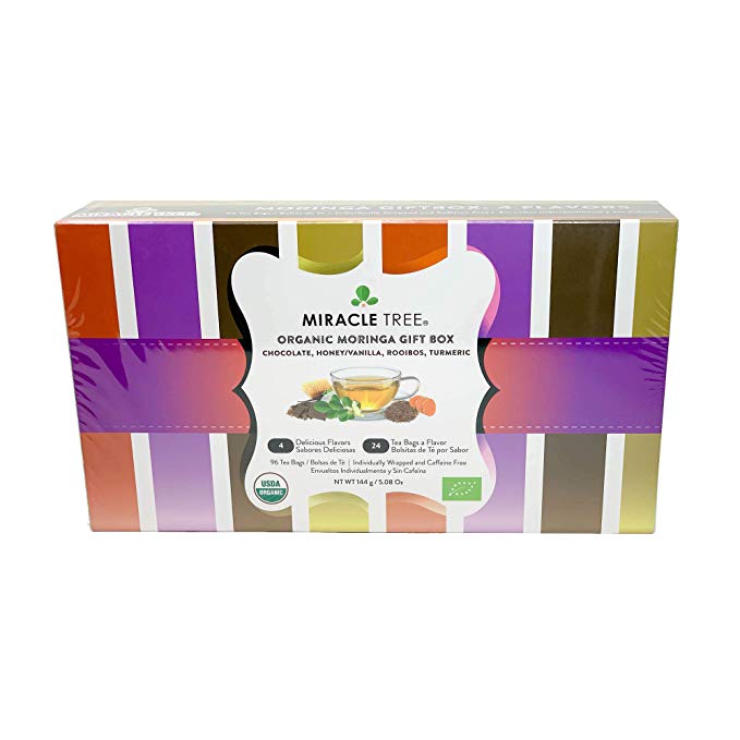 Miracle Tree - Gift Box with Organic Moringa Superfood Tea, 96 Individually Sealed Tea Bags (4 Flavors: Chocolate, Honey/Vanilla, Rooibos, Turmeric)
