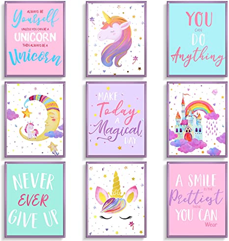 9 Pieces Unicorn Rainbow Bedroom Wall Decor for Girls, Wall Art Unicorn Posters with Glue Point Dots, Kids Room Decor Posters, 9.8 x 7.8 Inches