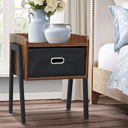 KINGSO Nightstands Industrial Side End Tables with Storage Drawer Bedside Table Night Stand for Small Spaces Bedroom Wood Accent Furniture with Stable Metal Frame, Rustic Brown