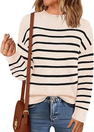 MEROKEETY Women's Fall Long Sleeve Striped Pullover Sweaters 2024 Trendy Turtleneck Casual Knit Tops