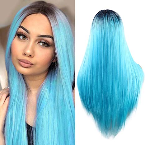 Fani Wigs Ombre Blue Wig Halloween Costume Wigs Long Straight Middle Part Dark Roots Synthetic Cosplay Wigs for Women