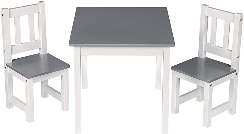 WOLTU Wooden Kids' Children's Table with 2 Chairs Stools Set for Preschoolers Boys and Girls Activity Build & Play Table Chair Set White Grey SG014