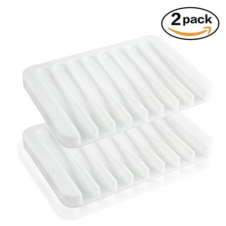 2 Pc Silicone Soap Dishes | Flexible Drying Mat for the Bathroom or Kitchen Sink | Holder Designed for Easy Tray Drainage and the Quick Bar Soap Drying Time | Mess Freely and Kid Friendly (White)