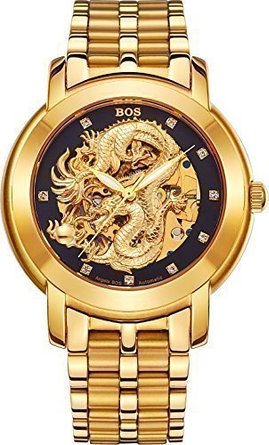 BOS Mens Dragon Collection Luxury Carved Dial Automatic Mechanical Bracelet Waterproof Gold Watch