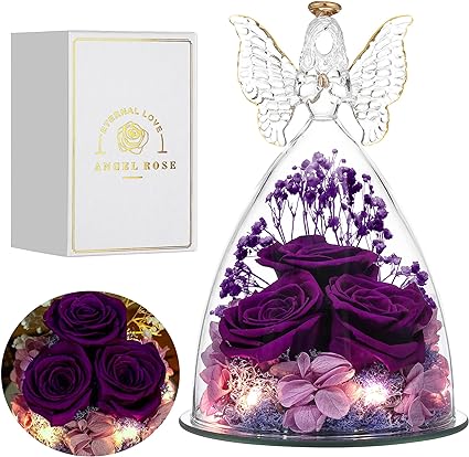 Tiaronics Gifts for Her, Glass Angel Figurine with Three Roses Gifts,Preserved Forever Real Rose Gifts for Women, Angel Guardian with Rose Flower Gift, Full Purple