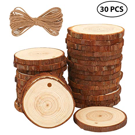 Fuyit Natural Wood Slices 30 Pcs 2.4"-2.8" Drilled Hole Unfinished Log Wooden Circles for DIY Crafts Wedding Decorations Christmas Ornaments with Free Gifts