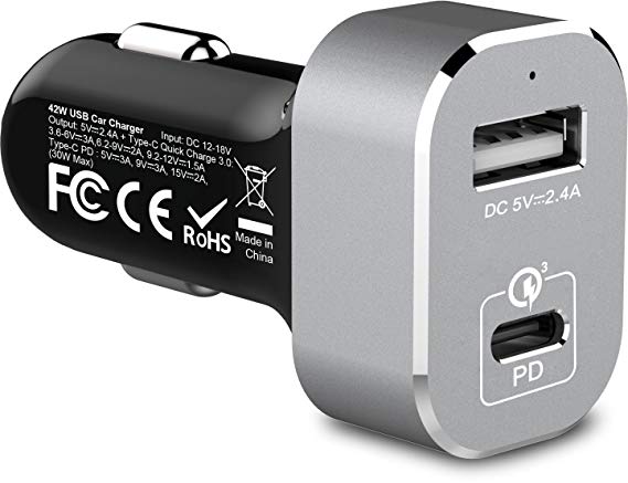 PowerBot PB511 42W 2-Port Type-C PD/USB 3.0 Quick Charger High-Performance Smart Car Charger Travel Rapid Charger High-Speed USB Cigarette Lighter Socket Port Adapter w/SmartIC Sharing Technology fo