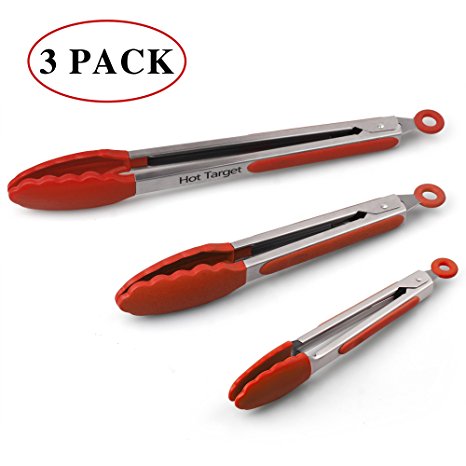 Set of 3 - 7, 9, 12 Inch, Heavy Duty, Non- Stick, Stainless Steel Silicone Kitchen Tongs (pack of 3, red)