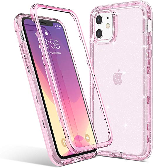 ULAK iPhone 11 Case, Clear Glitter Protective Heavy Duty Shockproof Rugged Protection Case Soft TPU Bumper Phone Cover Designed for Apple iPhone 11 6.1 inch (2019), Pink Clear Glitter