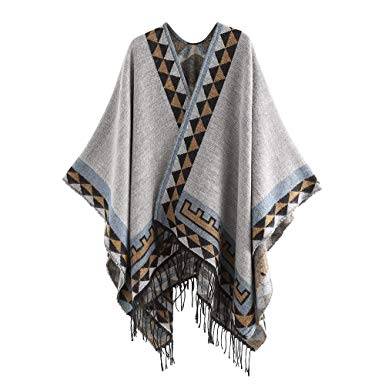 Women's Color Stitch Cashmere Wool Shawl Wrap Poncho Cape Tassel Soft Neck Scarf