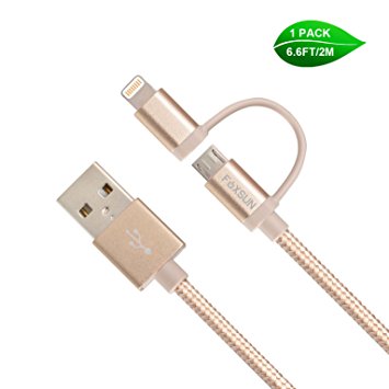 [Apple MFi Certified] Foxsun 2 in 1 Lightning and Micro USB Cable, 6.6FT/2M Nylon Braided Sync and Charging Cable Cord for iPhone 7/7Plus/6s plus/6s, iPad /iPod, Samsung, HTC, and More(Gold)