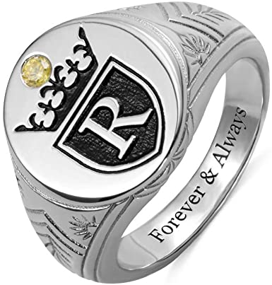 Personalised Monogram Signet Rings with Crown & Birthstone for Him Men College Initials Rings 925 Sterling Silver Custom Engraved Band Ring Letter Ring