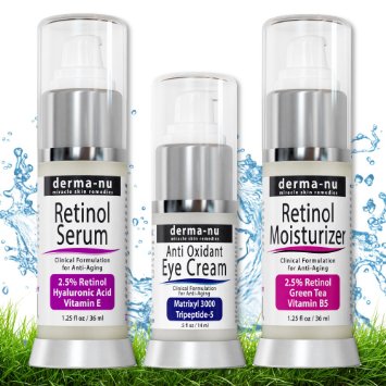 Retinol Skin Rejuvenation System - Anti Aging Products - Derma-nu 3 Piece Skin Care System - Retinol Cream Retinol Serum and Anti Aging Eye Cream Best Skin Treatment for Fine Lines and Wrinkle Reducer