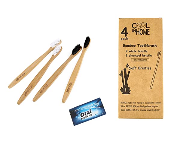 NEW! Premium Bamboo Toothbrush 4pcs, Eco-Friendly Biodegradable Bamboo Wood Toothbrushes, BPA FREE Bristles, 2 White   2 Charcoal Infused Bristles, Free Teeth Cleaning Wipes Valentine's for Her