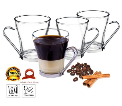 Paksh Bormioli Rocco Cappuccino Cup with Stainless Steel Handle 8226 Use Mug For Coffee Latte and Espresso 8226 75 oz Set of 4 Glasses Gift Boxed