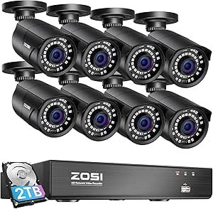 ZOSI 8MP 4K PoE Home Security Camera System Outdoor, H.265  8CH PoE NVR (16CH Expandable) with 2TB HDD for 24/7 Recording, 8PCS 5MP(3K) Bullet PoE IP Cameras, Motion Detection, Remote Control