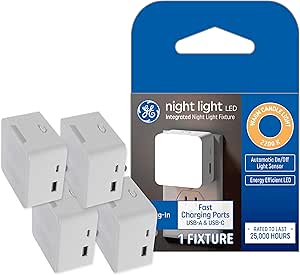 GE LED Night Light, Dual USB-A and USB-C Charging Ports Night Light, Warm Candle Light Plug-in Fixture (4 Pack)