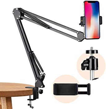 TARION Overhead Tripod Mount Articulating Arm Phone Holder Video Webcam Stand Lazy Arm Clamp Table Desktop Suspension Scissor Arm Stand (Black)