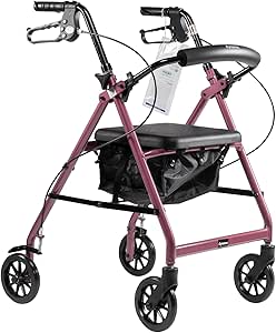 Dynarex DynaGo Quad Rollator, 6" Wheels, Padded Seat, Backrest, Storage Pouch with a Durable Frame, 300 Lb. Weight Capacity, 1 Rolling Walker, Pink