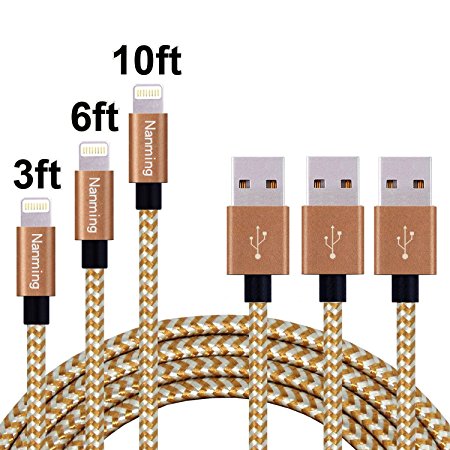 3Pcs 3FT 6FT 10FT Extra Long Nylon Braided Charging Cable Cord 8-Pin Lightning to USB Cable Charger Compatible with iPhone 7/ 7Plus/6/6s/6plus/6splus, iPhone5/5s/5c,iPad, iPod,iPod (Coffee Silver)