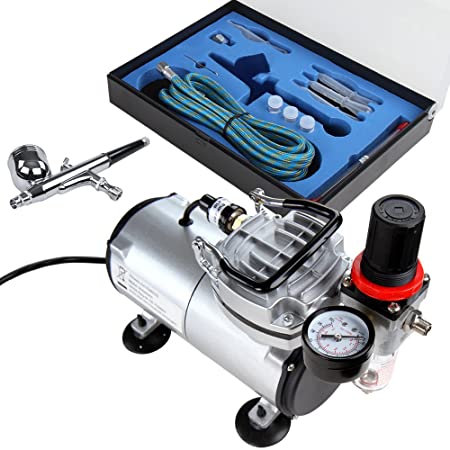 Timbertech Airbrush Compressor Kit ABPST05, Single Piston Quiet 1/6hp Compressor, Multi-purpose Gravity Feed Airbrush Kit with Airbrush Gun, Hose for Airbrush Paint, Nails, Tattoo,Makeup,Cake Painting
