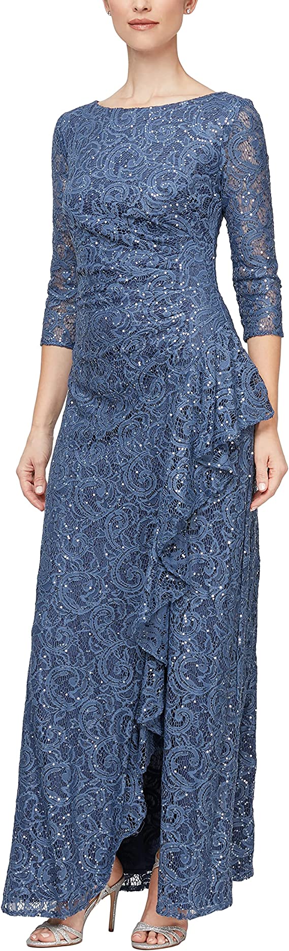 Alex Evenings Women's Long Sleeveless Cascade Ruffle Detail Dress with Front Slit