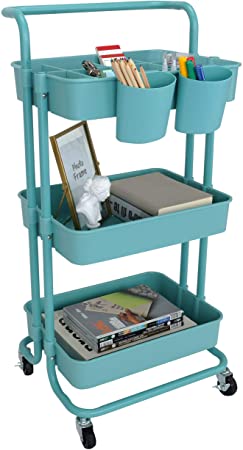 StorageWorks 3 Tier Rolling Storage Cart with Wheels, Kitchen Carts on Wheels with Storage, Rolling Craft Cart with Dividers for Office, Classroom. Blue