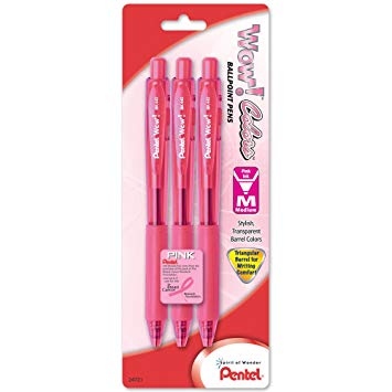 Pentel Pink BCA WOW! Retractable Ballpoint Pens, Medium Line, Pink Ink, 3 Pack (BK440BP3P-BC)