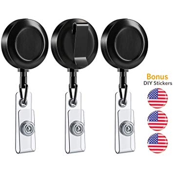Retractable Badge Holder, Aerb Pack of 3 Heavy Duty ID Badge Holder Reel Clip with Stainless Steel Cord and DIY USA Flag Stickers for Men, Women, Nurse, Officer, Black