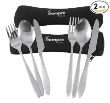 Camping Travel Cutlery Set in Case To Go. 3 Piece Stainless Steel Utensils (Knife Fork Spoon) in Lightweight Neoprene Pouch. BONUS 2 PACK