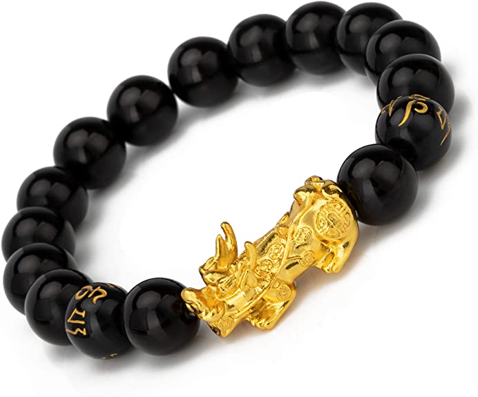 Fengshui ZenBless Prosperity Black 12mm Black Obsidian Wealth Bracelet with Golden Pi Xiu/Pi Yao Attract Wealth and Good Luck