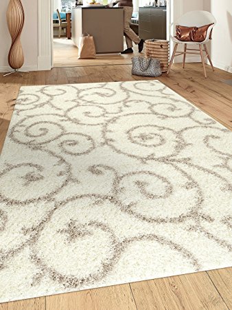 Rugshop Cozy Contemporary Scroll Indoor Shag Area Rug, 5'3" x 7'3", Cream/White