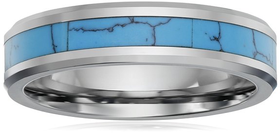 King Will 6mm Tungsten Metal Ring Blue Turquoise Inlay Polish Beveled Edge Wedding Band 7-14