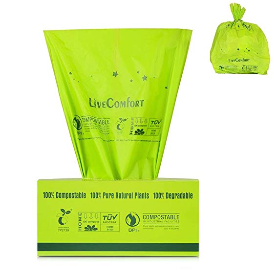 LiveComfort 100-Count 100% Compostable Bags, Durable, 2.6 Gallon, US BPI&ASTM6400 Certified Biodegradable Waste Bags, Kitchen Trash Bags, Food Scraps Yard Waste Bags and Dog Poop Bags