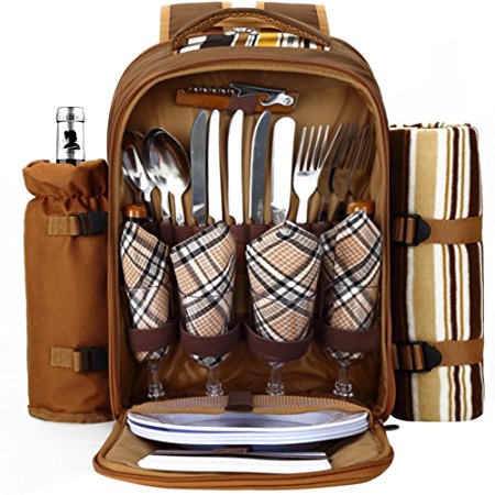 APOLLO WALKER 4 Person Picnic Backpack With Cooler Compartment, Coffee
