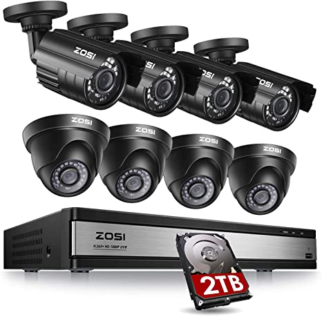 ZOSI H.265  1080p 16 Channel Security Camera System with Hard Drive 2TB,16CH 1080P HD-TVI DVR Recorder and 8 x 2MP 1920TVL Outdoor Indoor CCTV Bullet Dome Camera, 80ft Night Vision, Remote Access